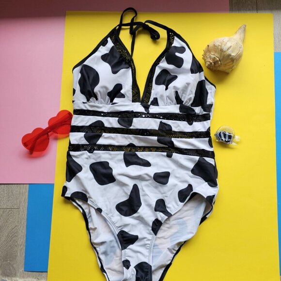 Black and White Dalmatian One Piece Swimsuits for Women High Waist - Picture 5 of 14